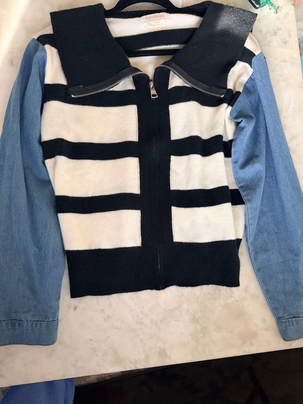 Girls' Black & White Striped Jacket with Denim Sleeves